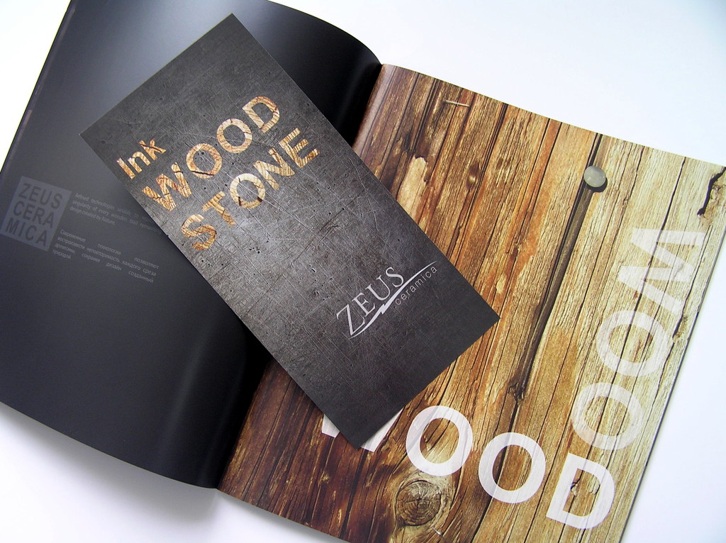 Печать брошюр «Ink Wood Stone. Zeus ceramica». Полиграфия типографии Макрос, изготовление брошюр, спецификация 962979-7
